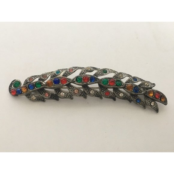 Little Nemo Feather Colored Rhinestone Brooch Pin Art Nouveau Vtg Jewelry Signed - Picture 2 of 9
